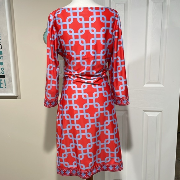 Gretchen Scott Unchained Faux Wrap Jersey Stretch Orange Sky Blue Dress Size S - Picture 5 of 6